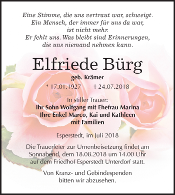 Traueranzeige von Elfriede Bürg von Mitteldeutsche Zeitung