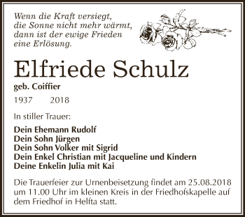 Traueranzeige von Elfriede Schulz von Wochenspiegel Mansfelder Land