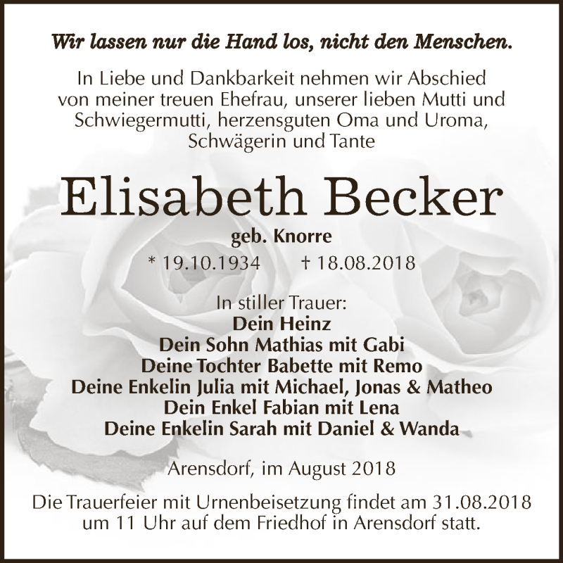  Traueranzeige für Elisabeth Becker vom 25.08.2018 aus WVG - Wochenspiegel Dessau / Köthen