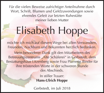 Traueranzeige von Elisabeth Hoppe von Mitteldeutsche Zeitung