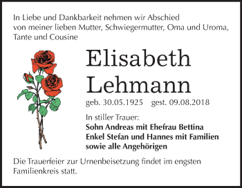 Traueranzeige von Elisabeth Lehmann von Mitteldeutsche Zeitung Zeitz