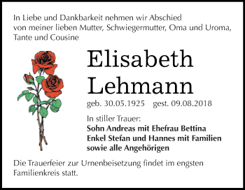 Traueranzeige von Elisabeth Lehmann von WVG - Wochenspiegel Bitterfeld