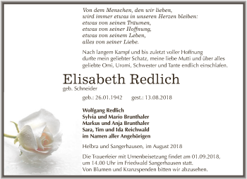 Traueranzeige von Elisabeth Redlich von Super Sonntag SGH Mansf. Land