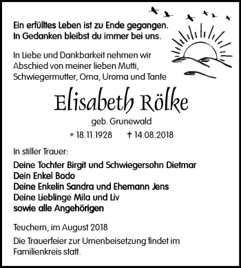 Traueranzeige von Elisabeth Rölke von Mitteldeutsche Zeitung Weißenfels