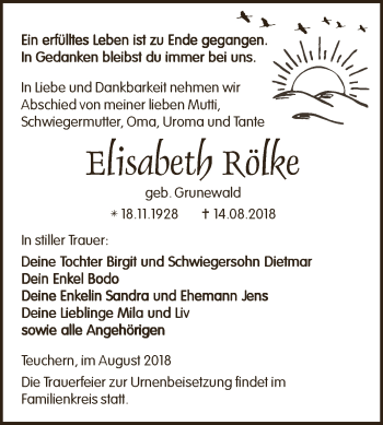 Traueranzeige von Elisabeth Rölke von WVG - Wochenspiegel NMB / WSF / ZTZ