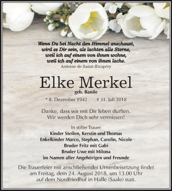 Traueranzeige von Elke Merkel von Mitteldeutsche Zeitung Halle/Saalkreis