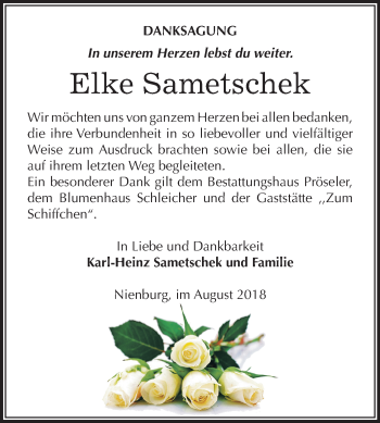 Traueranzeige von Elke Sametschek von Mitteldeutsche Zeitung Bernburg