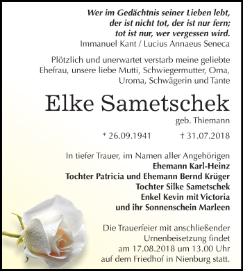 Traueranzeige von Elke Sametschek von Mitteldeutsche Zeitung Bernburg