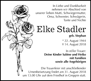 Traueranzeige von Elke Stadler von Mitteldeutsche Zeitung Bitterfeld