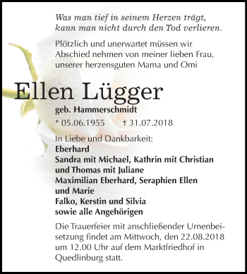 Traueranzeige von Ellen Lügger von Mitteldeutsche Zeitung Quedlinburg