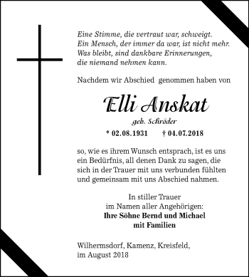 Traueranzeige von Elli Anskat von Mitteldeutsche Zeitung