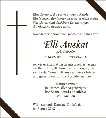 Traueranzeige von Elli Anskat von Wochenspiegel Mansfelder Land