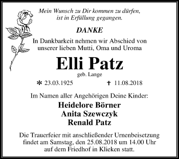 Traueranzeige von Elli Patz von Mitteldeutsche Zeitung