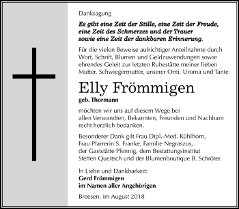 Traueranzeige von Elly Frömmigen von Mitteldeutsche Zeitung Köthen