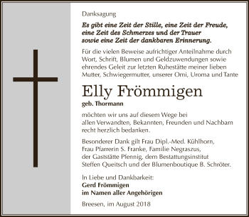 Traueranzeige von Elly Frömmigen von WVG - Wochenspiegel Dessau / Köthen