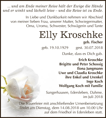 Traueranzeige von Elly Kroschke von Super Sonntag SGH Mansf. Land