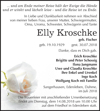 Traueranzeige von Elly Kroschke von Mitteldeutsche Zeitung