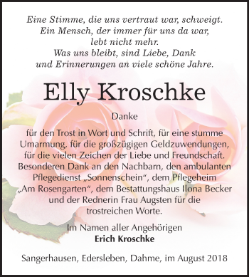 Traueranzeige von Elly Kroschke von Mitteldeutsche Zeitung Sangerhausen