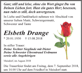 Traueranzeige von Elsbeth Drange von Mitteldeutsche Zeitung Quedlinburg