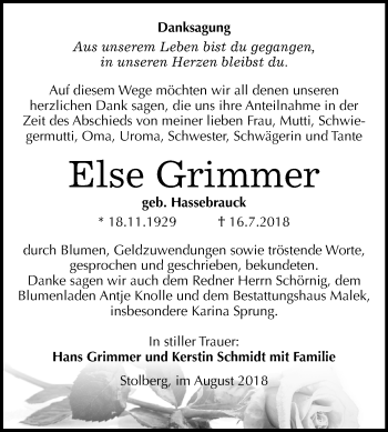 Traueranzeige von Else Grimmer von Mitteldeutsche Zeitung