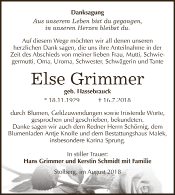 Traueranzeige von Else Grimmer von Super Sonntag SGH Mansf. Land