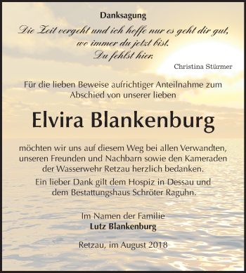 Traueranzeige von Elvira Blankenburg von Mitteldeutsche Zeitung Bitterfeld