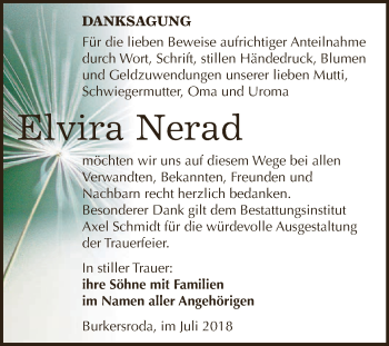 Traueranzeige von Elvira Nerad von WVG - Wochenspiegel NMB / WSF / ZTZ