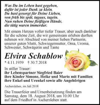 Traueranzeige von Elvira Schablow von Mitteldeutsche Zeitung Aschersleben