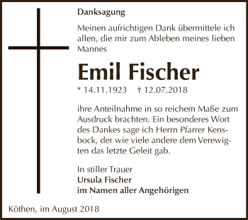 Traueranzeige von Emil Fischer von WVG - Wochenspiegel Dessau / Köthen