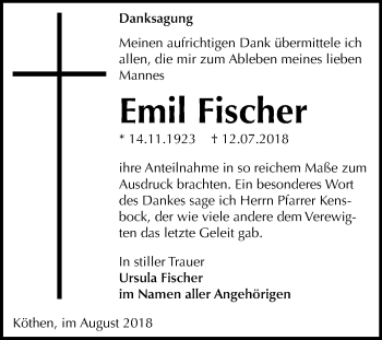Traueranzeige von Emil Fischer von Mitteldeutsche Zeitung Köthen