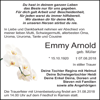 Traueranzeige von Emmy Arnold von Mitteldeutsche Zeitung Bitterfeld