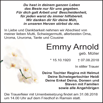 Traueranzeige von Emmy Arnold von WVG - Wochenspiegel Bitterfeld