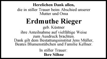 Traueranzeige von Erdmuthe Rieger von Mitteldeutsche Zeitung Aschersleben