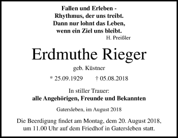 Traueranzeige von Erdmuthe Rieger von Mitteldeutsche Zeitung Aschersleben