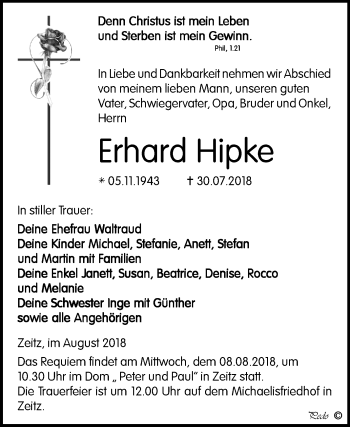 Traueranzeige von Erhard Hipke von Mitteldeutsche Zeitung Zeitz