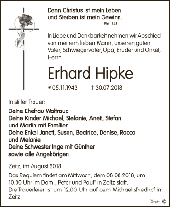 Traueranzeige von Erhard Hipke von Super Sonntag Zeitz