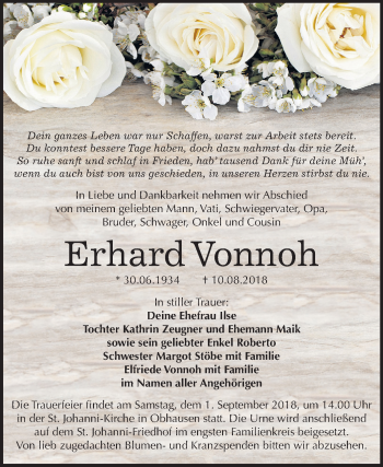 Traueranzeige von Erhard Vonnoh von Mitteldeutsche Zeitung Merseburg/Querfurt