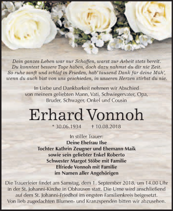 Traueranzeige von Erhard Vonnoh von WVG - Wochenspiegel Merseburg