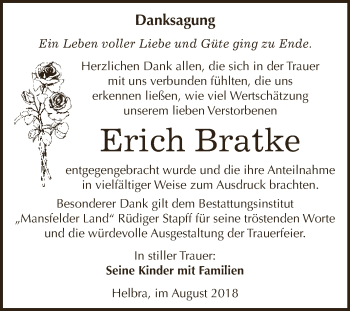 Traueranzeige von Erich Bratke von Wochenspiegel Mansfelder Land