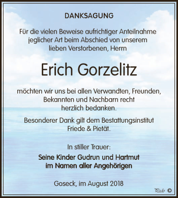 Traueranzeige von Erich Gorzelitz von WVG - Wochenspiegel NMB / WSF / ZTZ