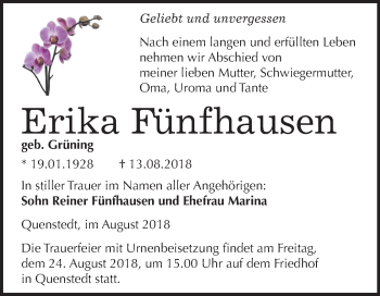 Traueranzeige von Erika Fünfhausen von Mitteldeutsche Zeitung