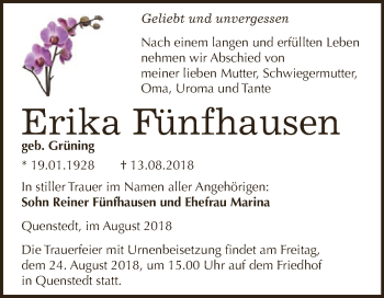 Traueranzeige von Erika Fünfhausen von Super Sonntag SGH Mansf. Land