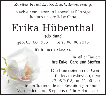 Traueranzeige von Erika Hübenthal von Mitteldeutsche Zeitung