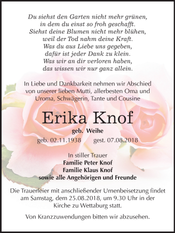 Traueranzeige von Erika Knof von Mitteldeutsche Zeitung
