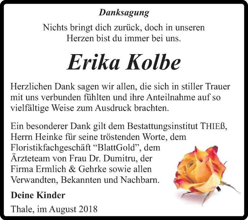  Traueranzeige für Erika Kolbe vom 18.08.2018 aus Mitteldeutsche Zeitung Quedlinburg
