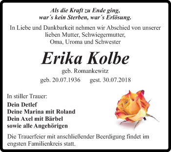 Traueranzeige von Erika Kolbe von Mitteldeutsche Zeitung Quedlinburg
