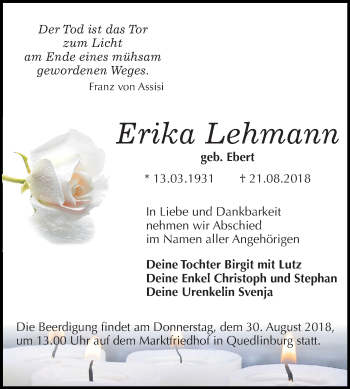 Traueranzeige von Erika Lehmann von Mitteldeutsche Zeitung Quedlinburg