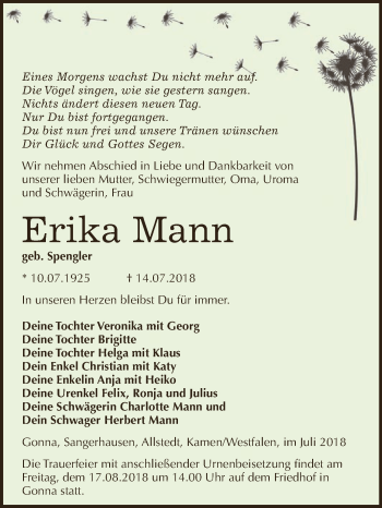 Traueranzeige von Erika Mann von Super Sonntag SGH Mansf. Land
