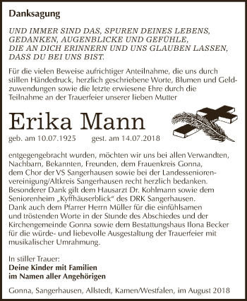 Traueranzeige von Erika Mann von Super Sonntag SGH Mansf. Land