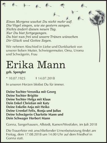 Traueranzeige von Erika Mann von Mitteldeutsche Zeitung